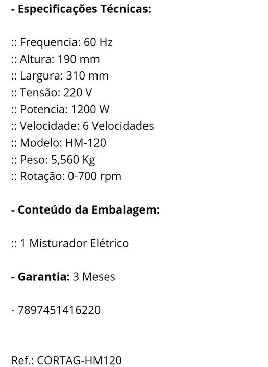 Misturador Para Argamassa Elétrico HM-120 - CORTAG-HM120 - Foto 4