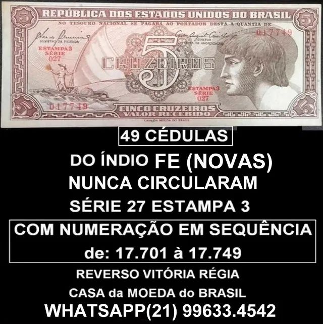  49 cédulas - FE - 5 cz Índio em sequência numérica - Foto 5