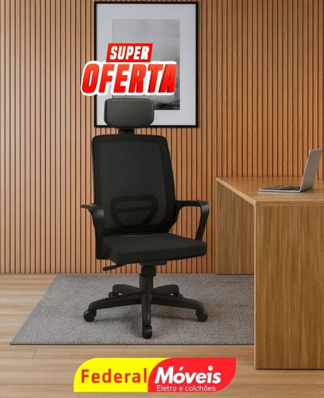  Cadeira Giratória Presidente Preta - Conforto completo com apoio de cabeça!