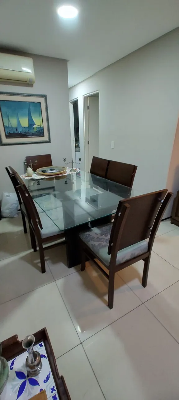 Mesa Jantar Madeira e Vidro + 6 cadeiras
