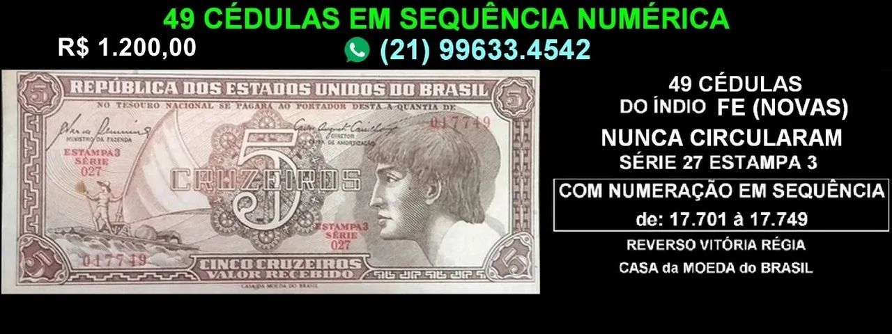 49 cédulas - FE - 5 cz Índio em sequência numérica - Foto 2