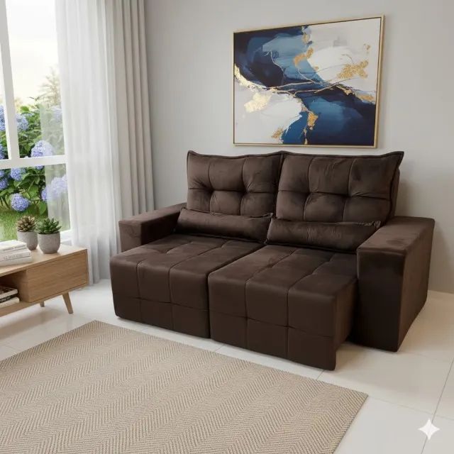 Sofá Retrátil Lisboa 2 Metros Marrom - Cor Prática e Veludo Macio