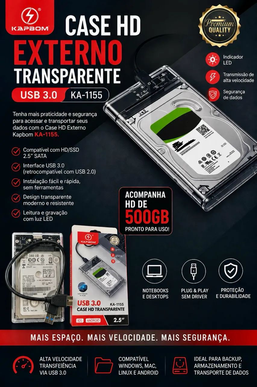 Case de HD Kapbom, acompanha JD de 500GB - Foto 3