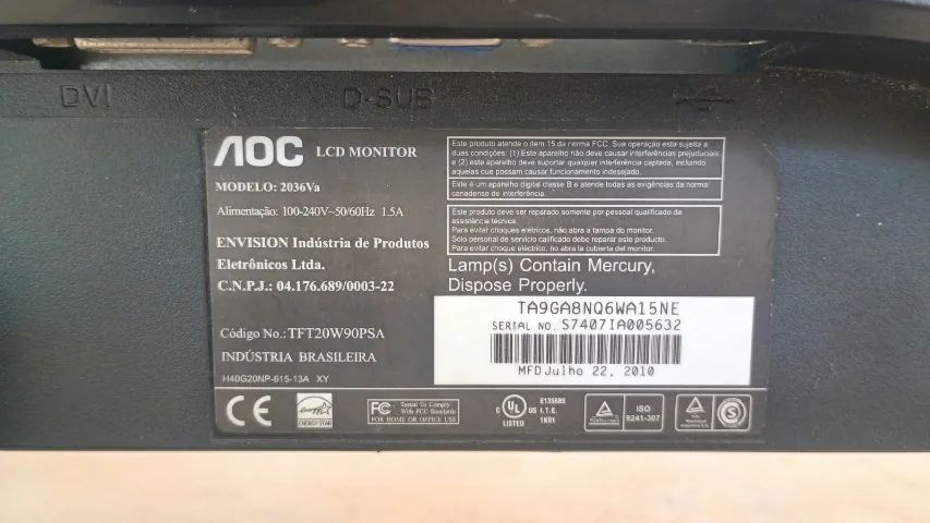 Monitor AOC 2036Va LCD 20 Polegadas com Defeito na Tela para Peças, Sucata ou Conserto DVI - Foto 2