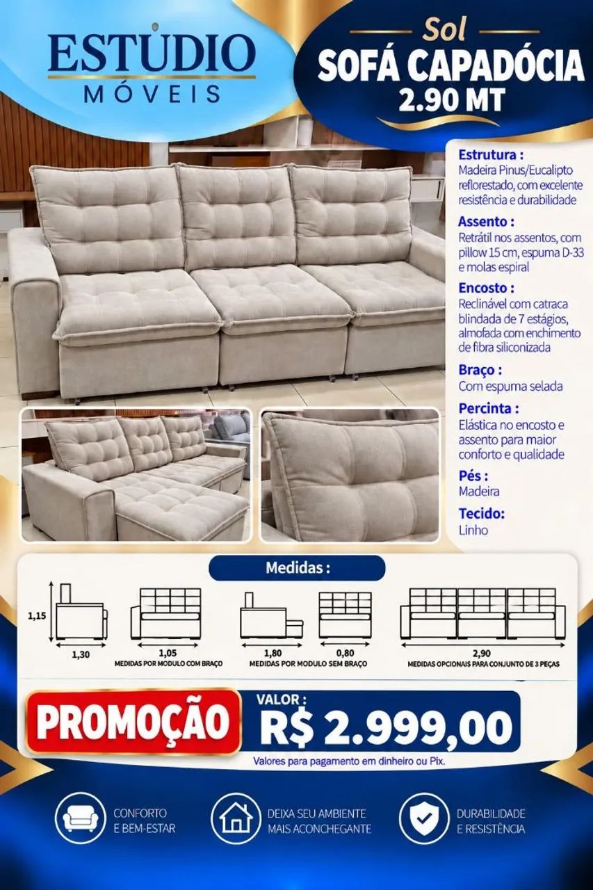 Sofá Retrátil Reclinável 2,90 três módulos  - Foto 2