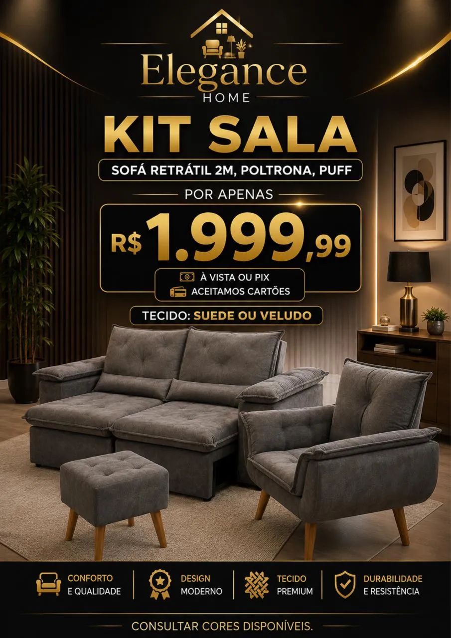 Kit sofá retratil, poltrona e puff