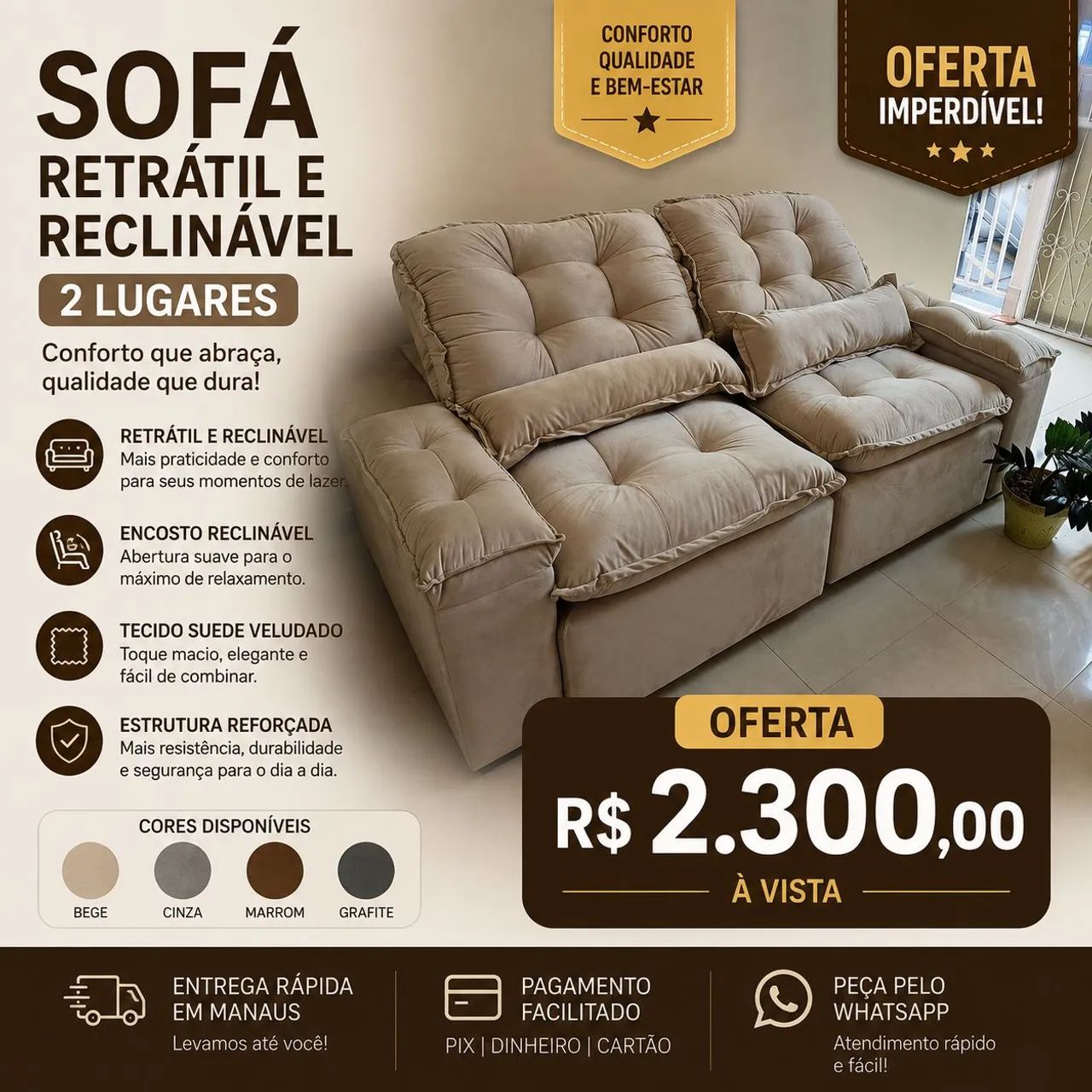 Sofá retrátil e reclinável pronta entrega em oferta 