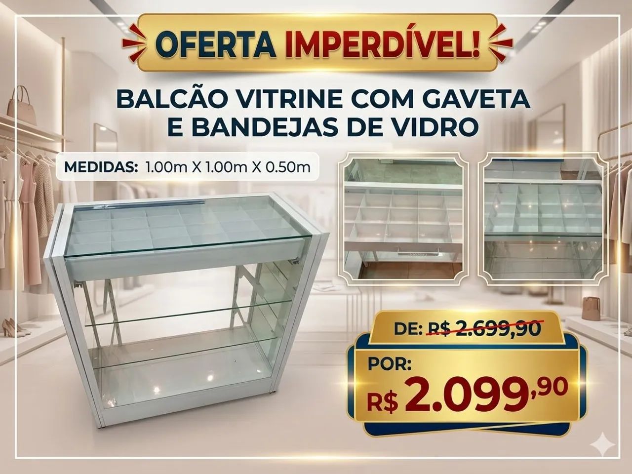 Balcão com gaveta e prateleira de vidro