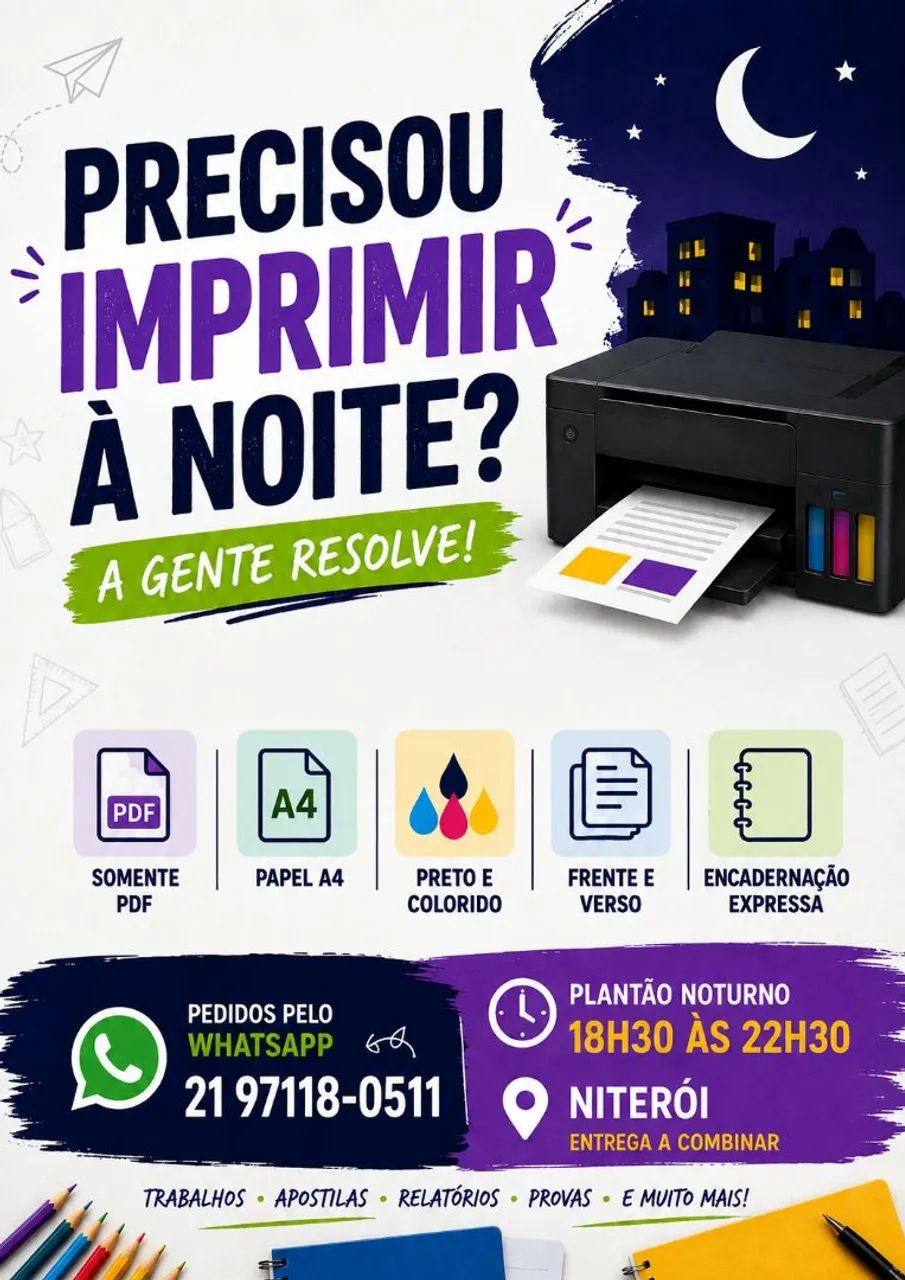 Impressão de Apostilas e Documentos à Noite em Niterói