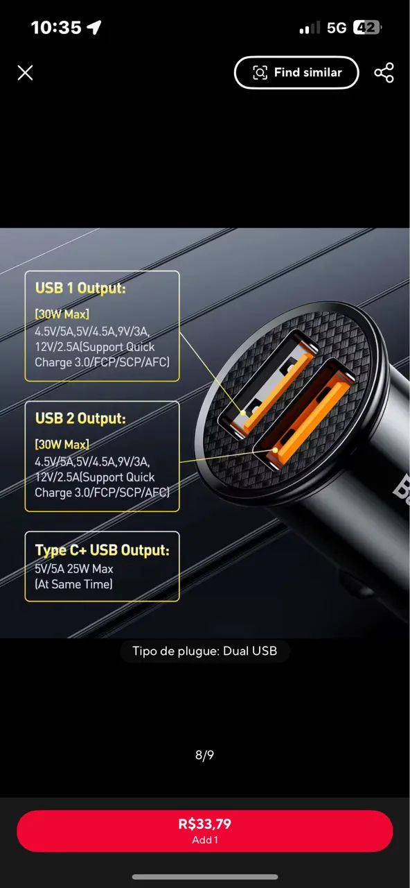 Carregador de Carro Baseus PD30W Dupla Saída 