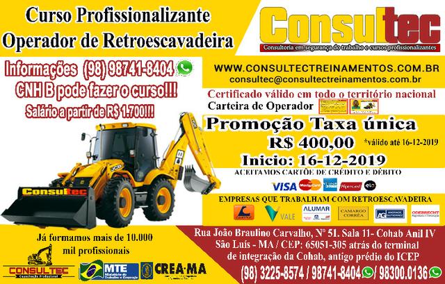 Curso de Operador de Retroescavadeira R$ 400,00 Inicio 16-12-2019