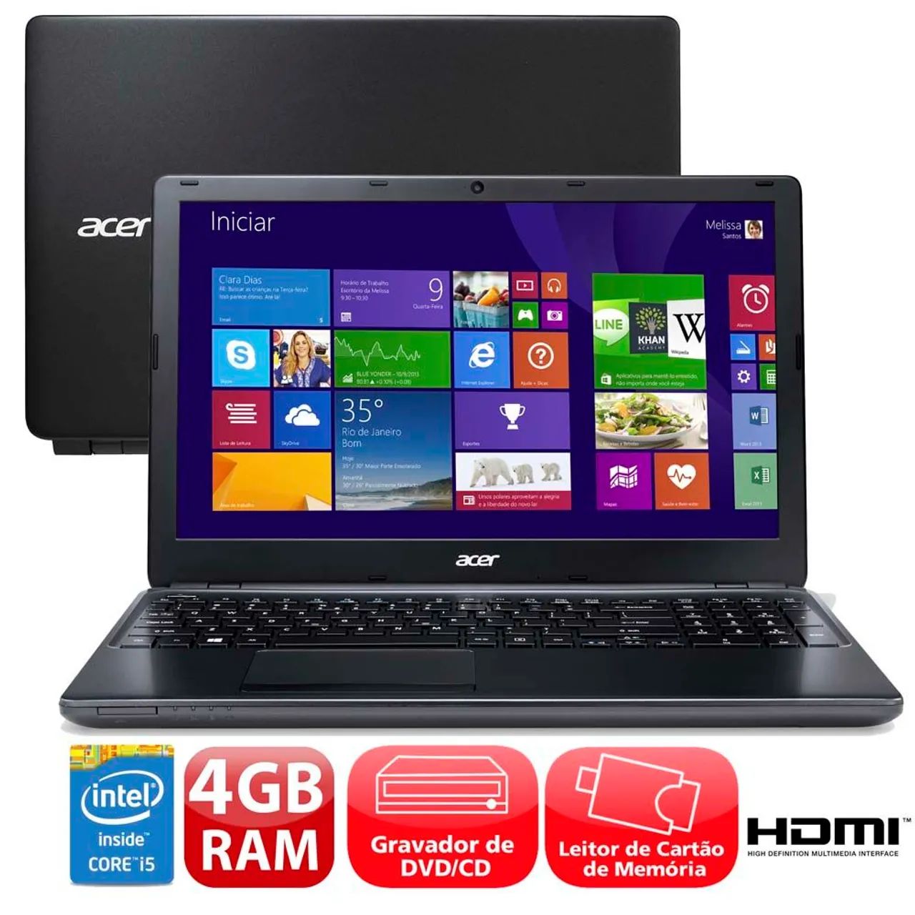 Notebook Aspire i5 E1-572-6 8GB Ssd 128GB HDMI Wireless LED 15.6 Windows 10 