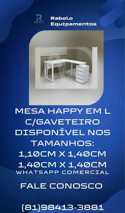 Mesa de escritório happy em L c/gaveteiro em até 5x sem juros no cartão 