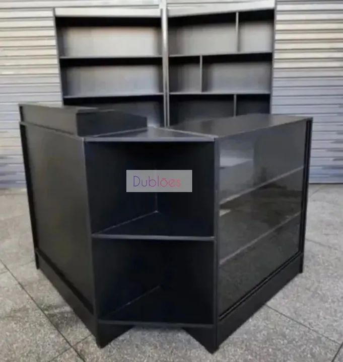 Balcão L com caixa e vitrine + prateleiras kit completo 