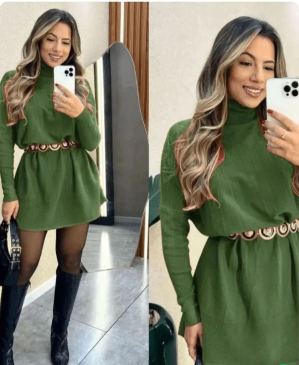 Vestido Verde Manga Longa com Cinto Elegante