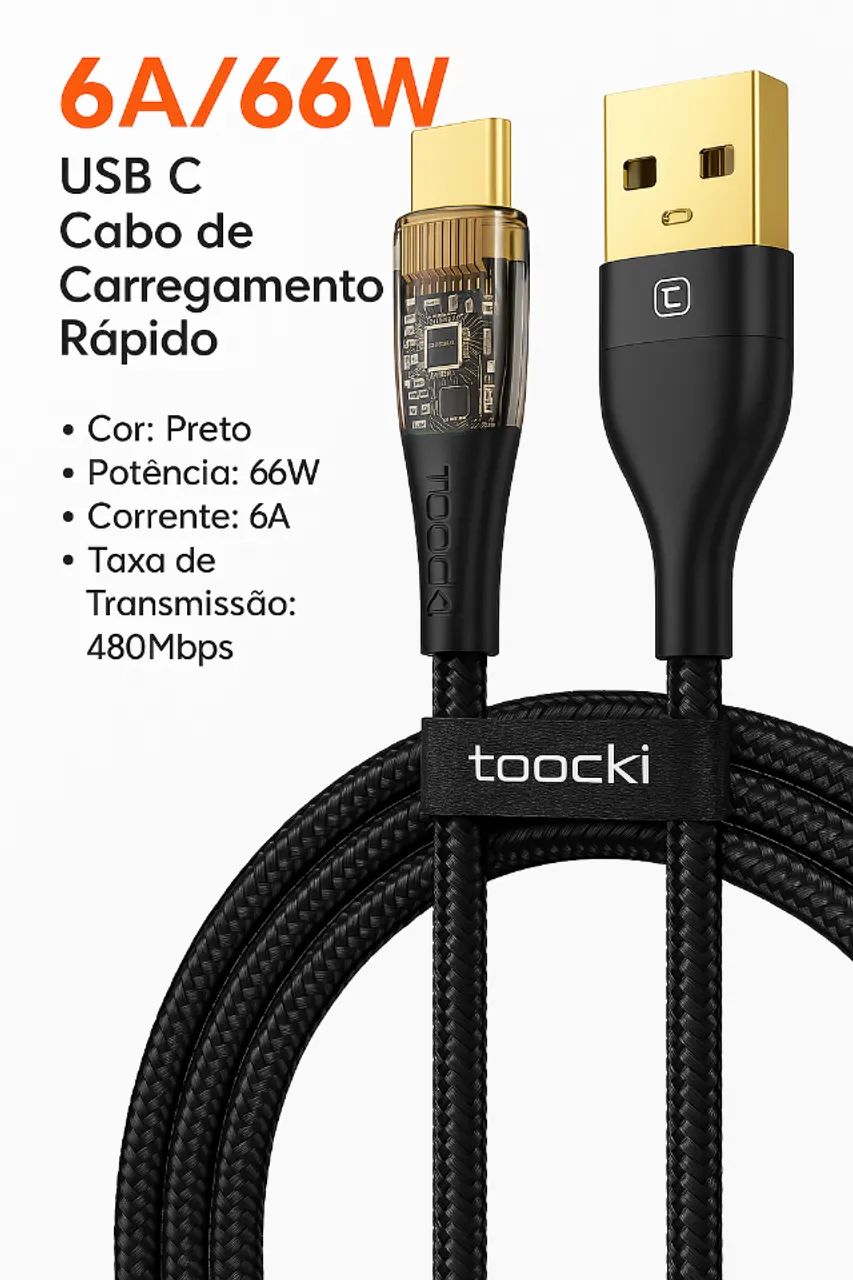 Cabo USB-C 66W 6A - 3 Metros!