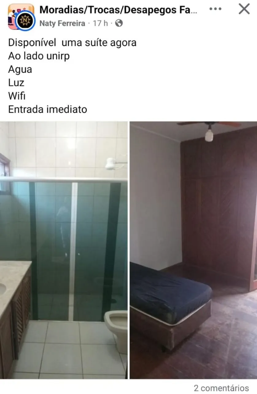 Suíte para alugar: água, luz e wifi