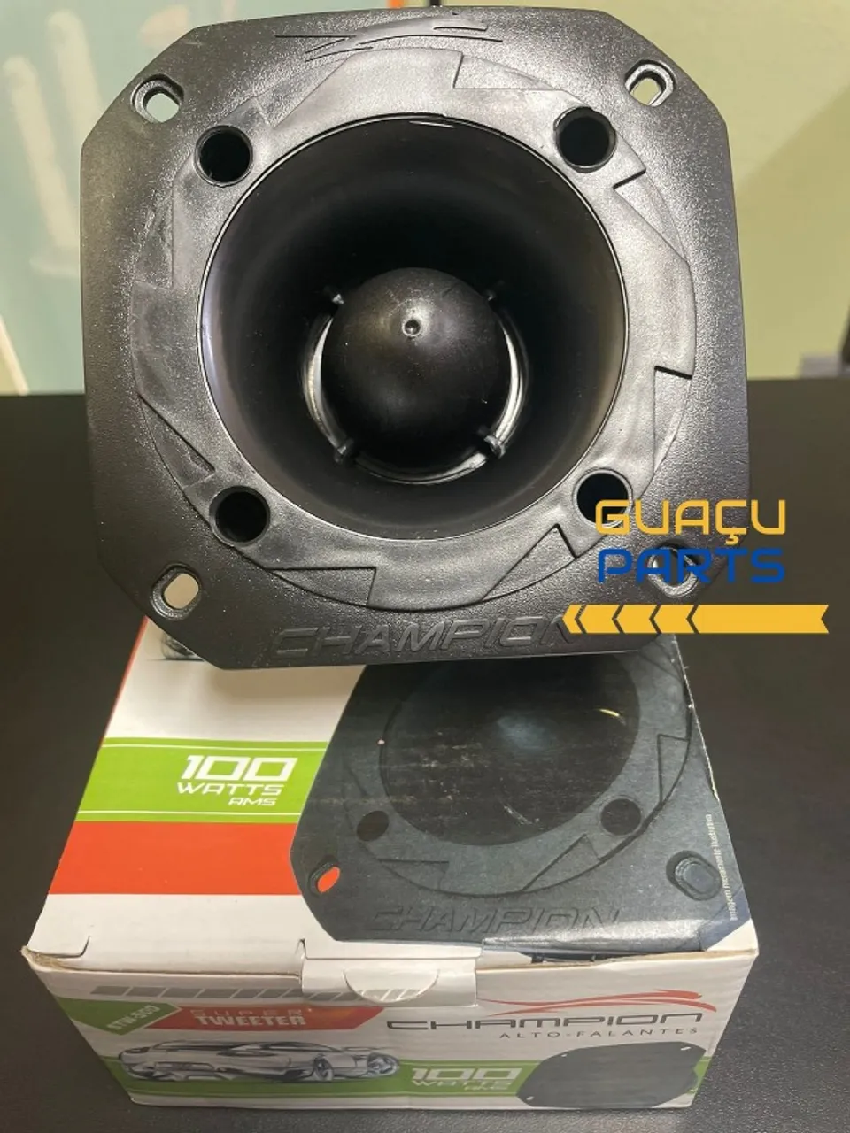 Tweeter Champion 100W RMS, ideal para som automotivo. Novo, na caixa.