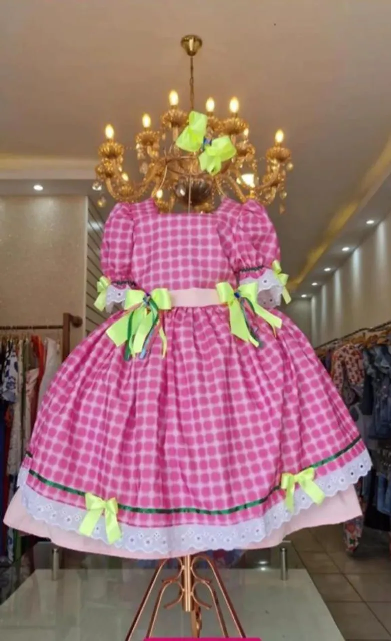 Vestido Infantil Festivo Rosa Xadrez