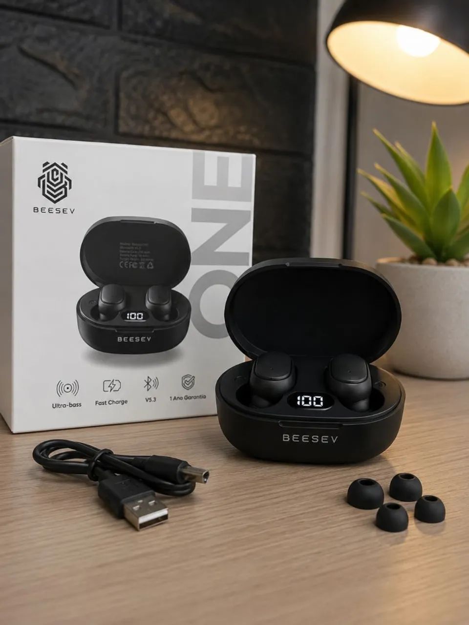 Fone de ouvido bluetooth 5.3 Beesev-ONE (Preto)