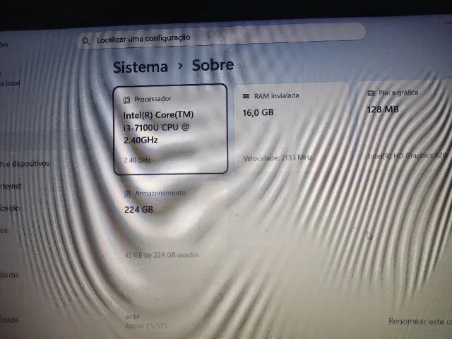 Notebook Acer I3 7100, 16 giga ddr4, SSD 240