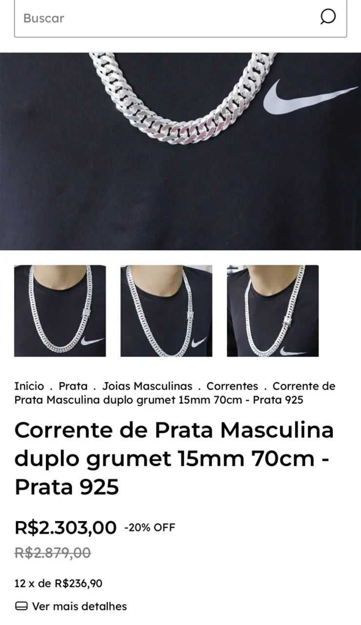 Prata elo duplo 15mm 70mm 