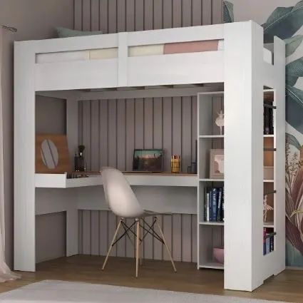 Cama Alta Multifuncional Solteiro Branco Com Escrivaninha