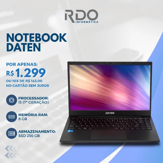 Notebook Daten I5 7ªG 8GB RAM SSD 256GB - Ideal para estudos e trabalho