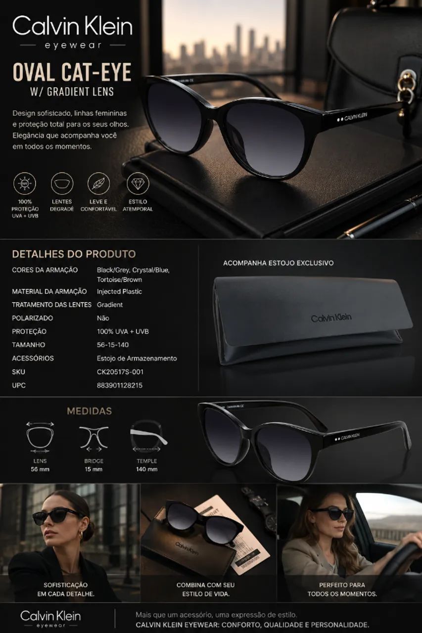 Óculos de sol Calvin Klein Oval Cat-Eye Original: