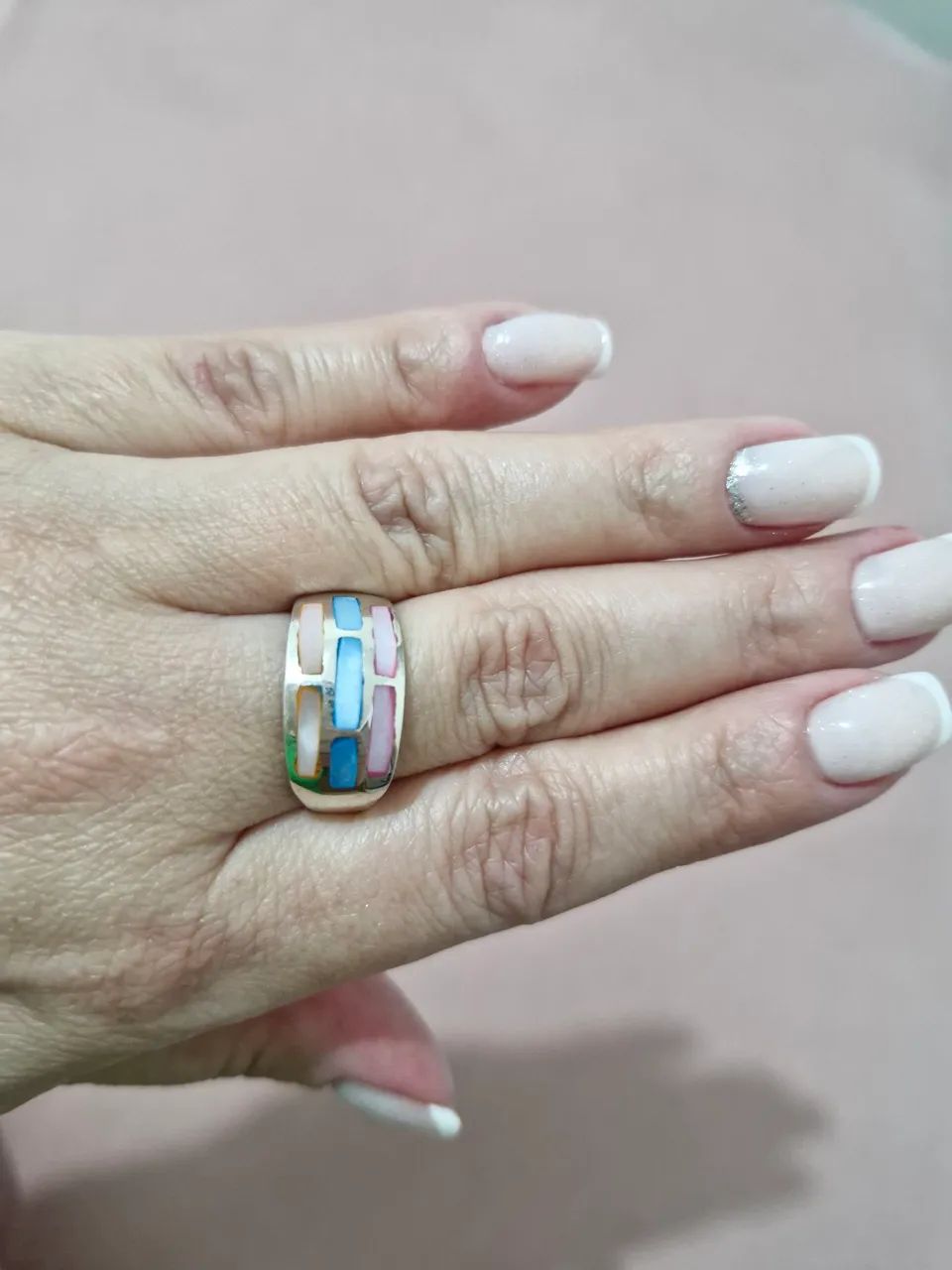 Anel prata legítima com abalone colorido aro 18 - Foto 4