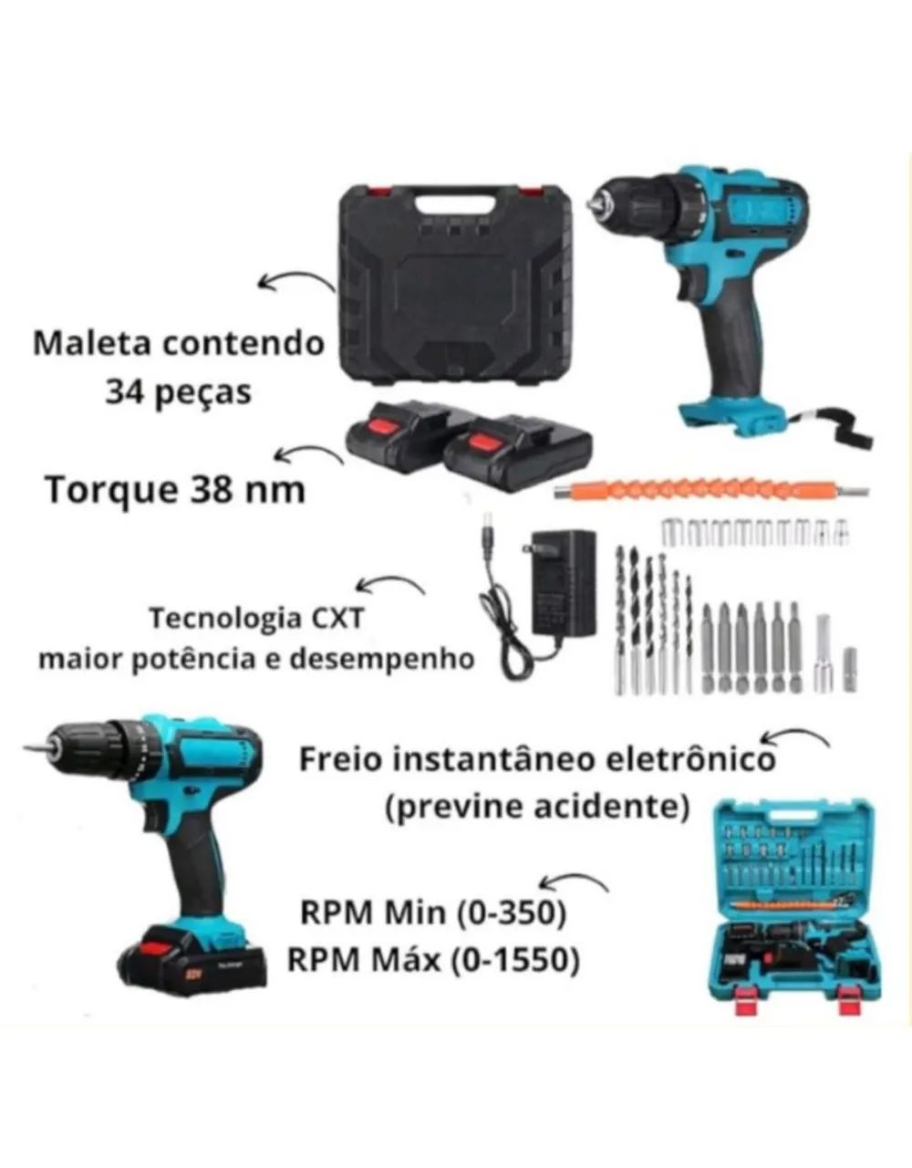 FURADEIRA E PARAFUSADEIRA SEM FIO 2 BATERIAS 36V COM MALETA E ACESSÓRIOS  - Foto 2