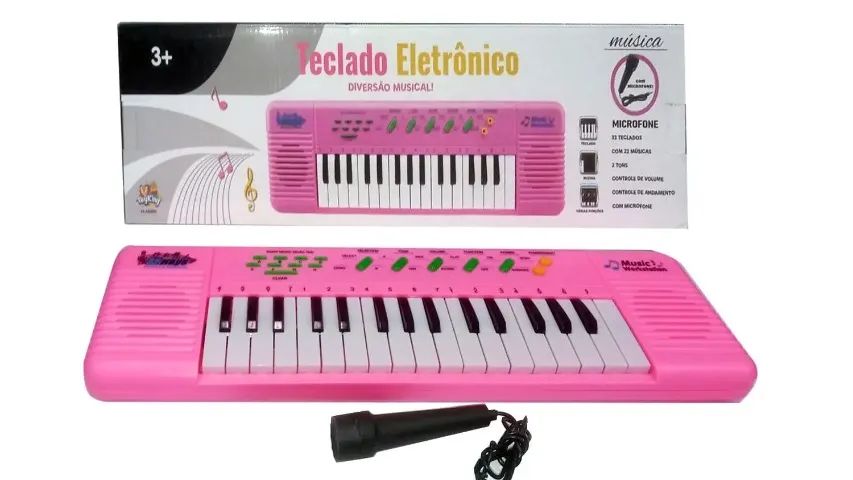 brinquedo infantil teclado rosa com microfone 32 teclas tk-ab4803 - Foto 2
