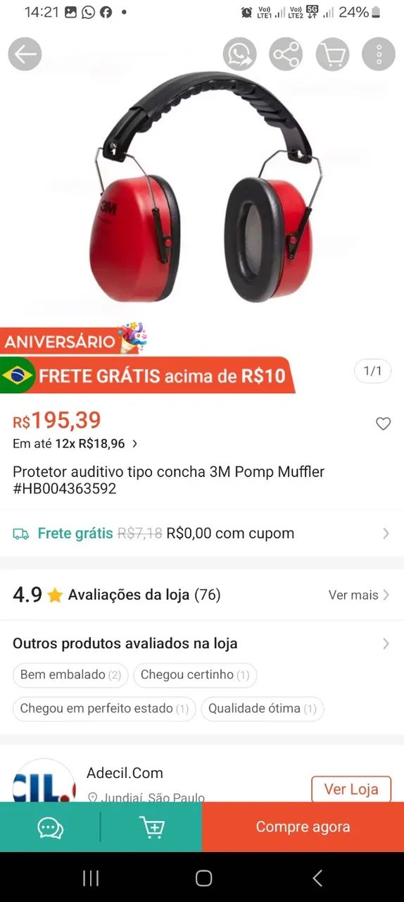 Protetor auditivo tipo concha 3M