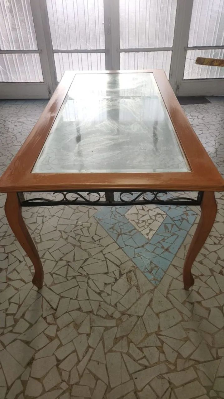 Mesa Clássica Marfim com Tampo de Vidro Bisotê
