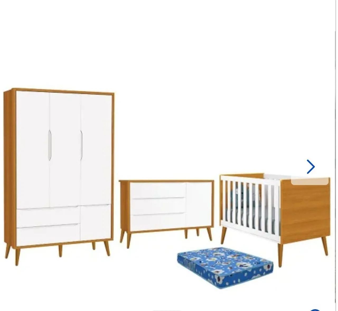 Dormitório infantil Theo retrô 3 portas, cômoda 1 porta, berço branco savana 