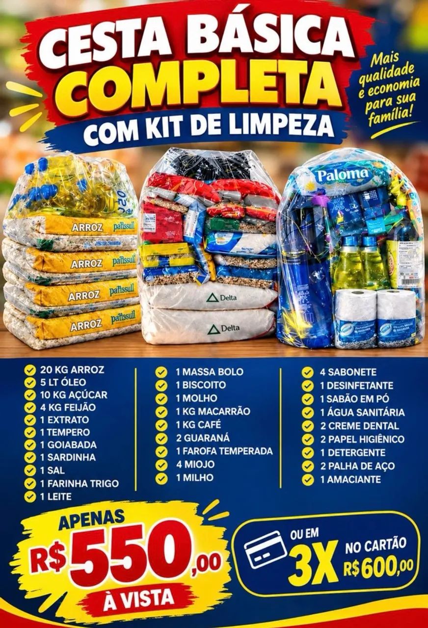 CESTA BÁSICA COMPLETA C/ KIT LIMPEZA