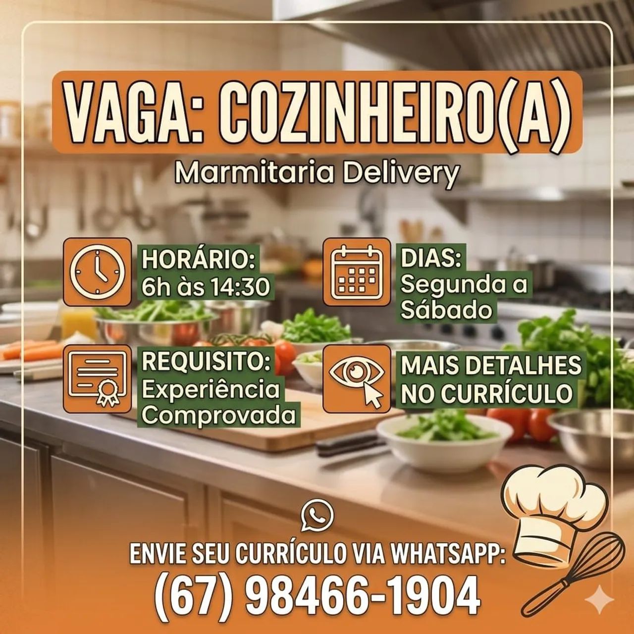 ? VAGA: COZINHEIRO(A) PARA MARMITARIA (DELIVERY)