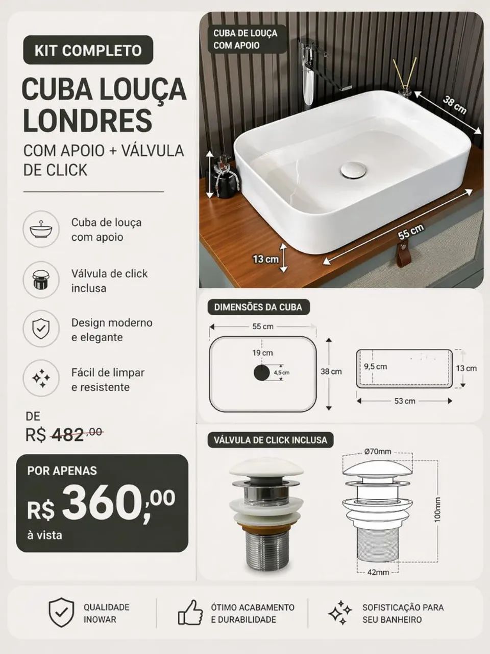 Cuba de louça+ válvula click 
