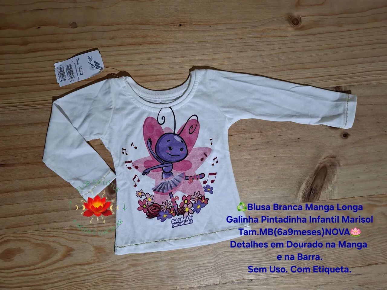 Blusa Branca Manga Longa  Galinha Pintadinha Infantil Marisol Tam.MB(6a9meses)NOVA - Foto 2