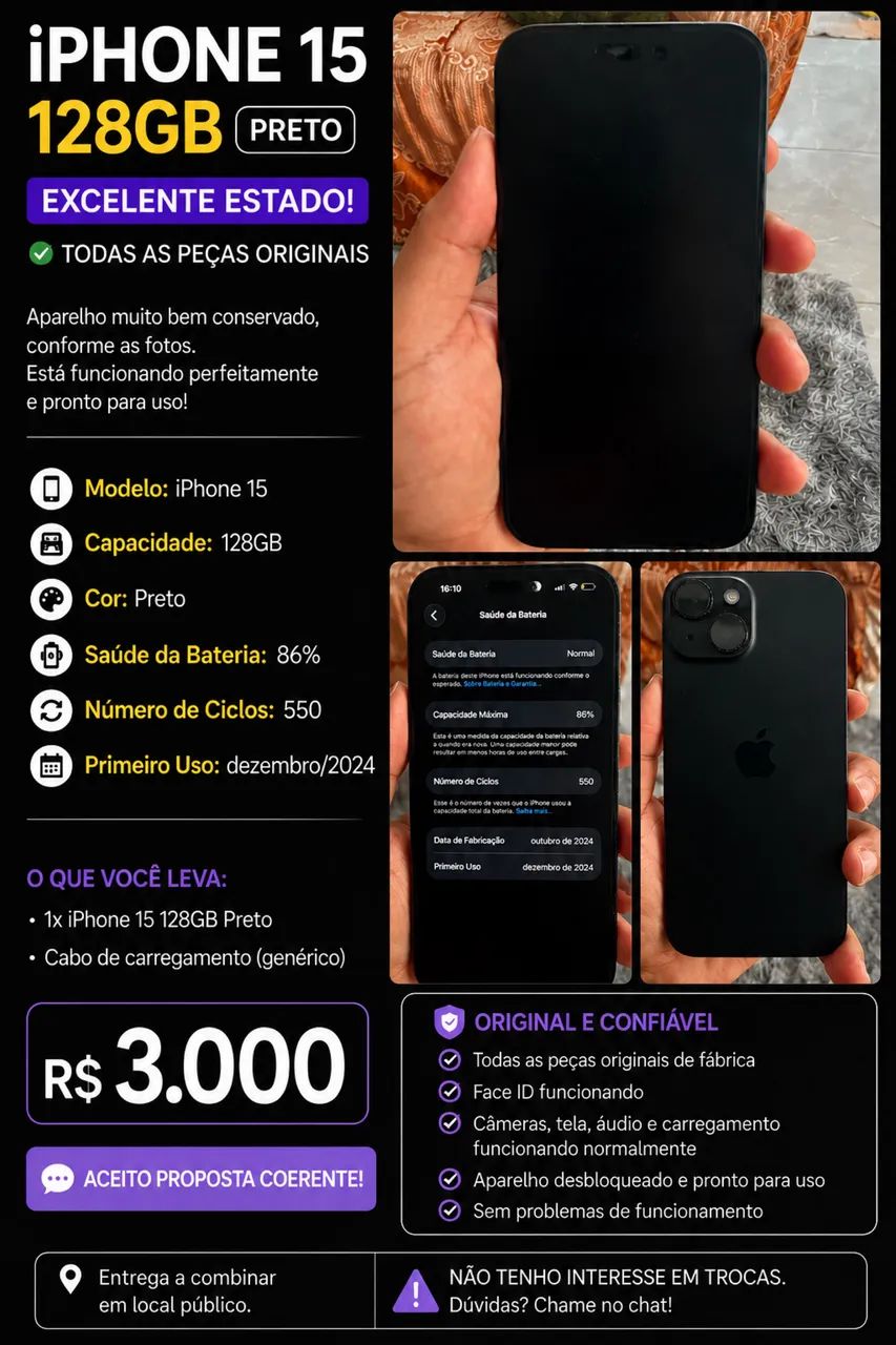 iPhone 15 128GB Preto | Original | Excelente Estado