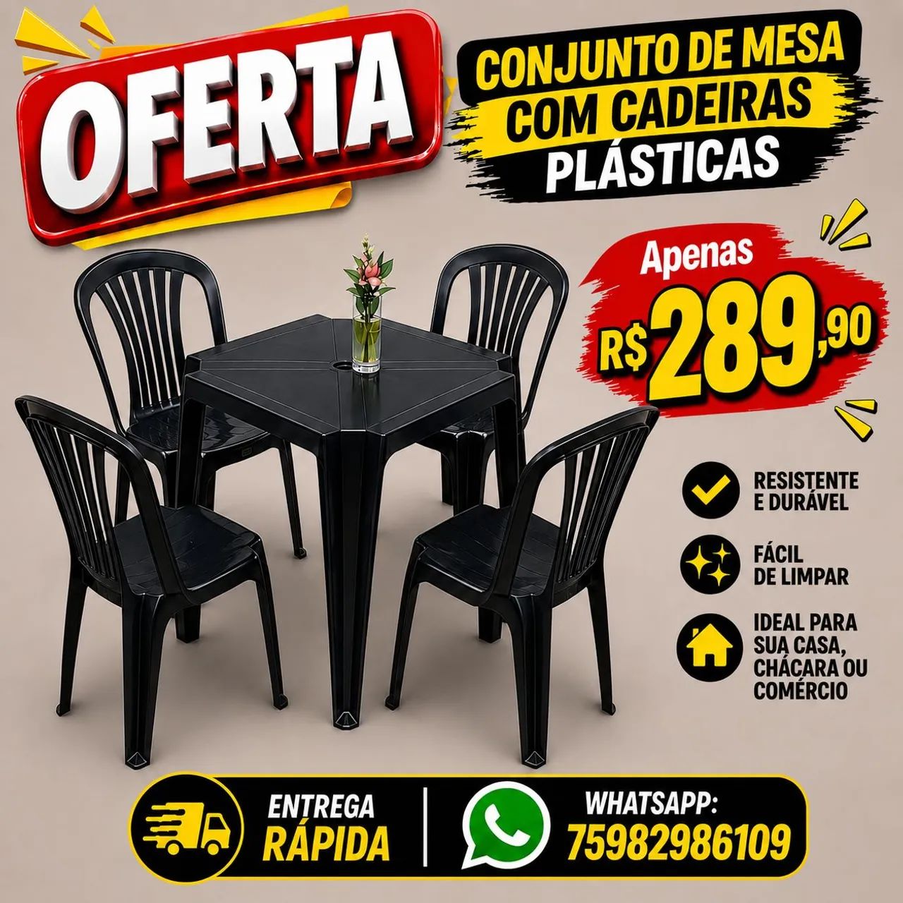 Jogo de mesa e cadeiras plásticas bistrô preto 