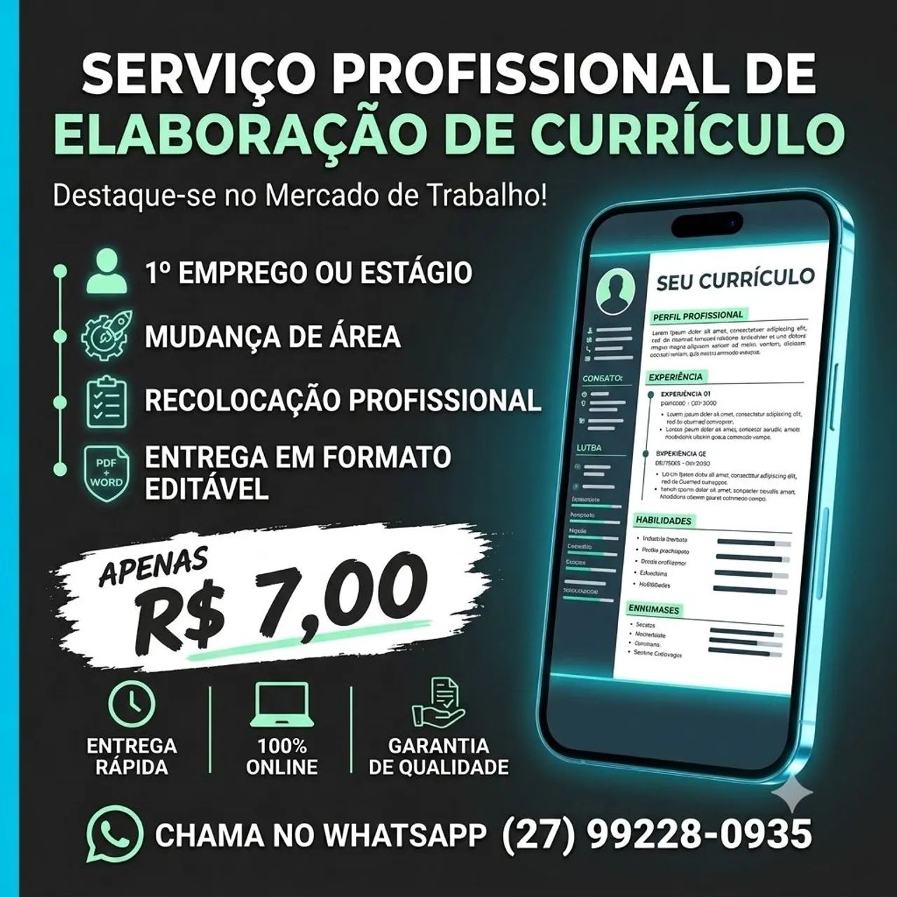 Elaboração de currículo profissional por R$7,00