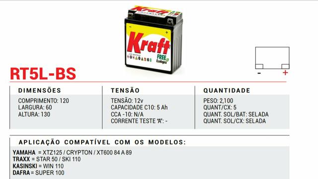 Bateria Moto Kraft 5Ah Crypton /XTZ125/Super100/Traxx Star50, Sky110 - Foto 3