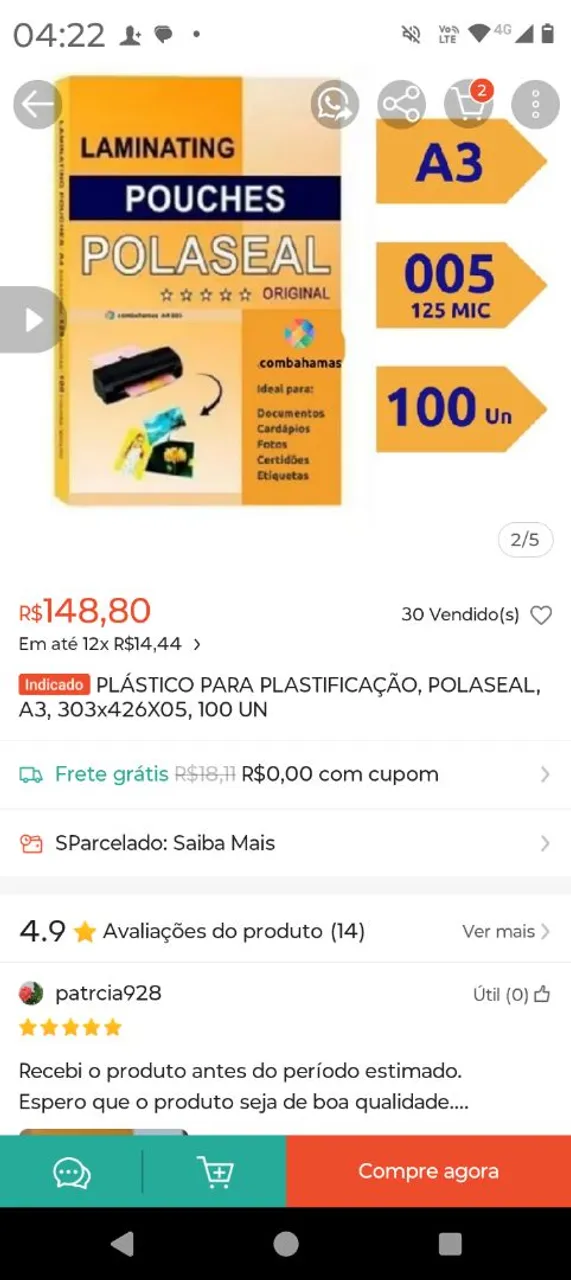 Plástico para plastificação A3 caixa lacrada com 100 POLASEAL