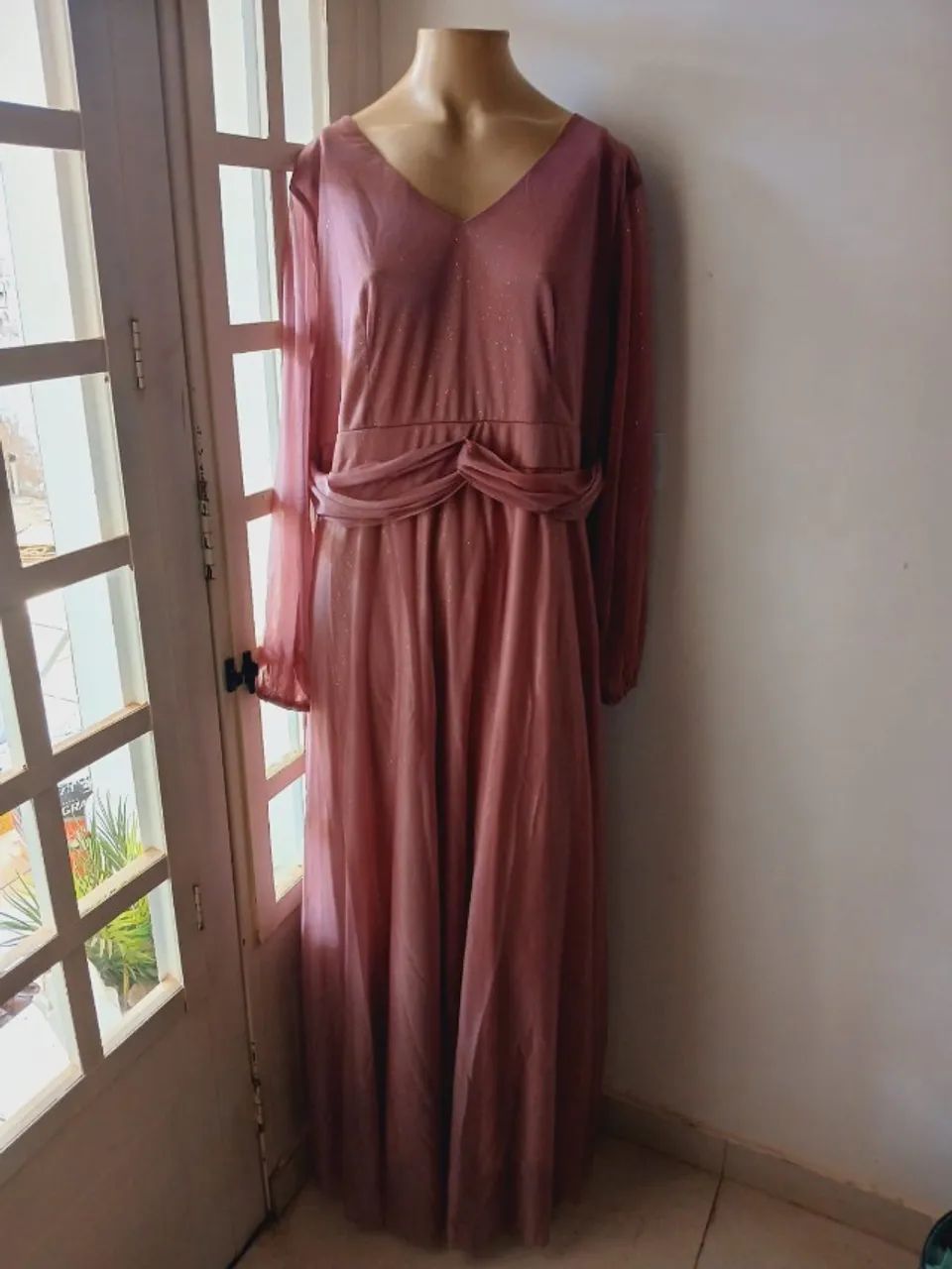 Vestido longo rosé gg de festa com brilho e elasticidade - usado 1 vez