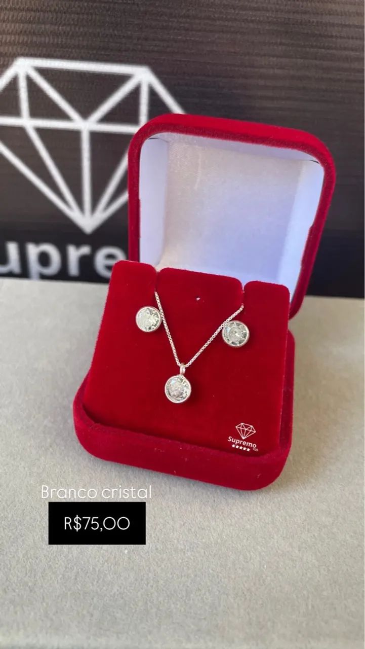 Conjunto Branco Cristal Prata 925 acompanha certificado de garantia