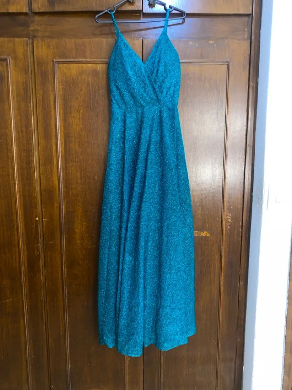Vestido longo azul com glitter madrinha de casamento 