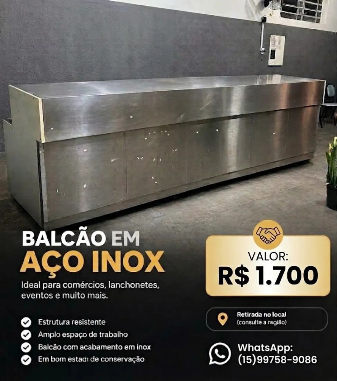 BALCÃO DM AÇO INOX COM BANCADA E PIA