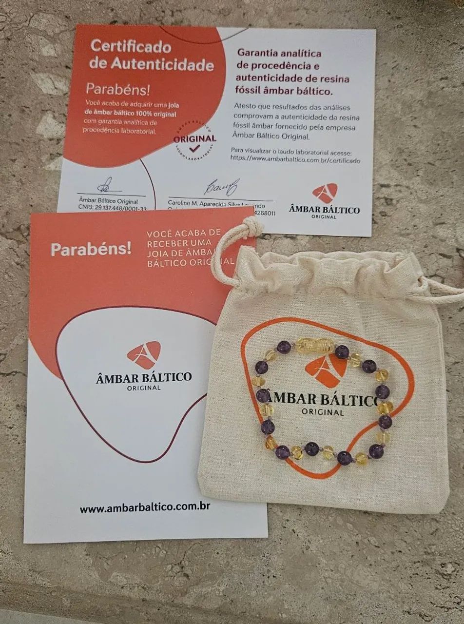 Pulseira Âmbar Báltico barroco limão e ametista com feicho  18 cm