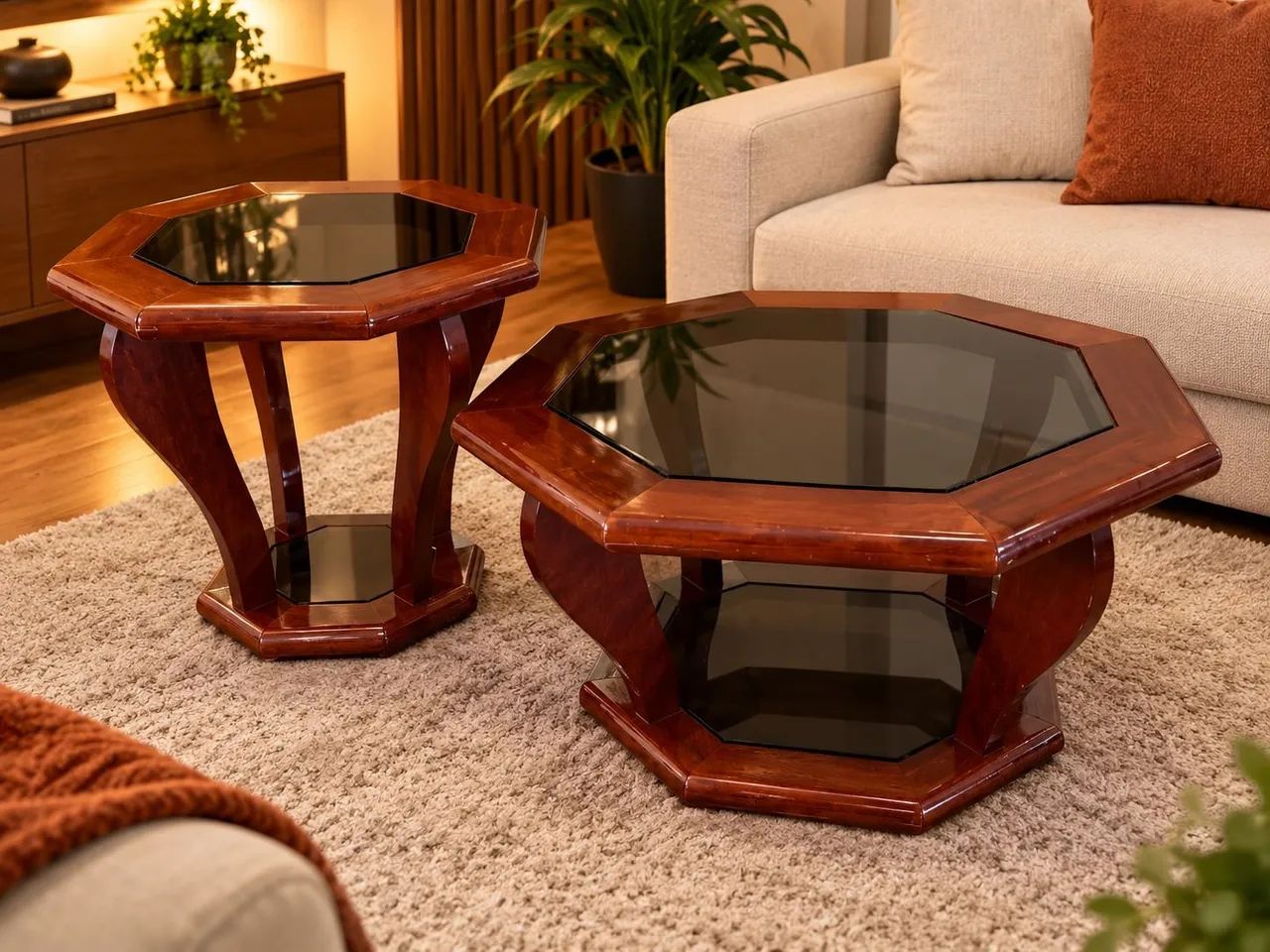 Conjunto Mesa de Centro + Mesa de Canto em Mogno Maciço com Detalhe no Vidro - Foto 2